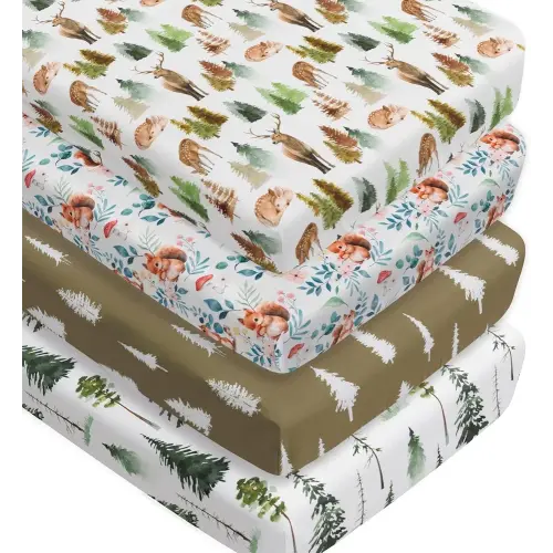 4 Pack Woodland Forest Animals Wood Neutral Unisex Fitted Baby Crib Sheets Set for Baby Boys or Girls (Cartoon Fox, 52 * 28)