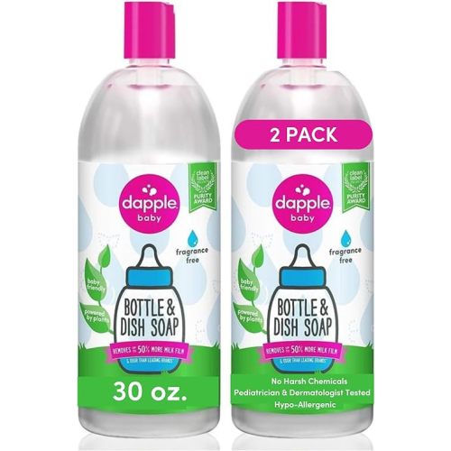 Dapple Baby Bottle Soap, Hypoallergenic Dish Soap for Baby Bottles, Powered by Plants, Fragrance Free, 30 Fl Oz Refill (Pack of 2)