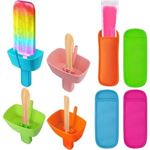AIERSA 8pcs Popsicle Holders and Ice Pop Sleeves Set for kids No Drip, Silicone Popsicle Holder with Straw and Reusable Neopreneee Freeze Popsicle Sleeves for Toddlers Mess Free, No Freezing Hands