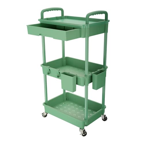 REBECAT 3 Tier Rolling Utility Cart with Drawer,Rolling Storage Cart,Storage Cart for Kitchen,Bathroom,Living Room, Organizer with Iron Wheels(Green)