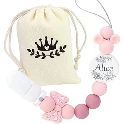 Customized Silicone Pacifier Clip, Pacifier Holder Sets for Boys and Girls, Personalized Adorable Mouse Pacifier Clips Fits for Most Pacifier, Baby Teethers, Baby Shower and Baby Gift (Pink)