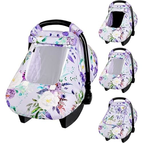 Car Seat Covers for Babies, Warm Infant Car Seat Cover, Windproof Baby Carseat Cover Girls, Kick-Proof Car Seat Canopy with Breathable Mesh Peep Window, Purple