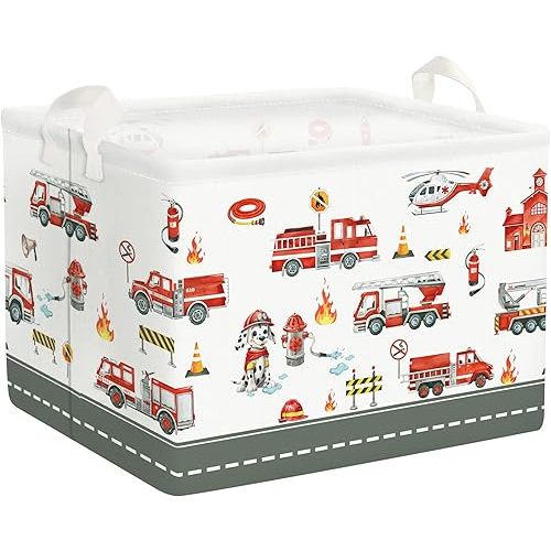 Clastyle Rectangle Large Red Fire Car Boy Gift Basket Collapsible Spotted Dog Engine Book Shelf Basket Toy Clothes Cube Storage Basket for Kids Room Nursery