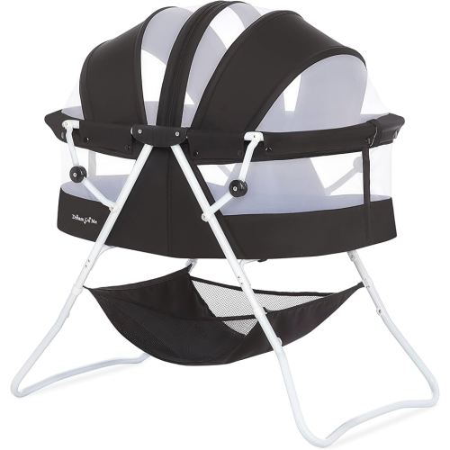 Dream On Me Karley Bassinet in Black, Lightweight Portable Baby Bassinet, Quick Fold and Easy to Carry, Adjustable Double Canopy, Indoor and Outdoor Bassinet with Large Storage Basket.