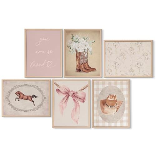 ZCIRDYVV 6Pcs Pink Cowgirl Wall Art Set Rustic Western Girl Canvas Prints Vintage Cowboy Boot Pictures Horse Boho Western Wall Decor Painting for Girls Bedroom Nursery 8x10in Unframed Posters
