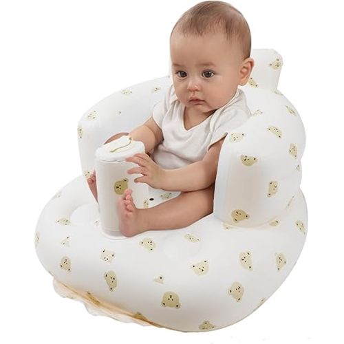 Inflatable Baby Seat for Babies 3 Months and Up, Toddler Floor Seats for Sitting Up, Built in Air Pump Baby Seats for Kids, Blow Up Baby Chair with Back Support - Cute Bear