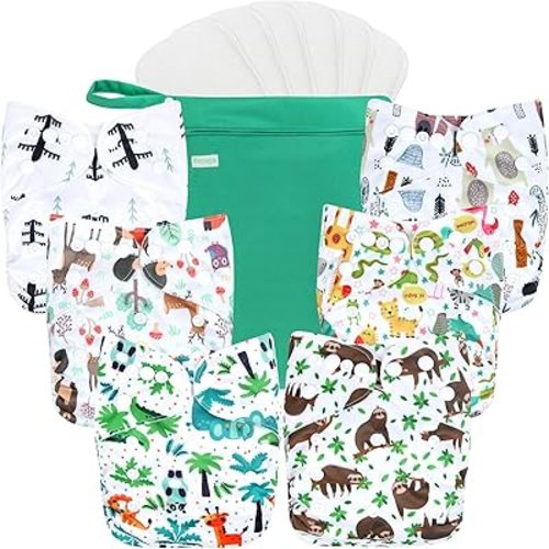 wegreeco Cloth Diapers 6 Pack with 6 Inserts & 1 Wet Bag, Washable Cloth Diapers for Babies, One Size Adjustable Reusable (Forest, Animals)