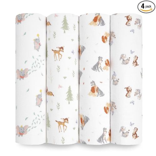 aden + anais Essentials Disney Baby Muslin Swaddle Blankets, Newborn Receiving Blanket for Swaddling, 100% Cotton Baby Swaddle Wrap, 4 Pack, Disney + Friends