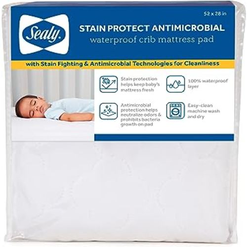 Sealy Baby Stain Protect Antimicrobial Fitted Waterproof Infant Crib Mattress Protector Pad and Toddler Bed Cover, Durable and Comfortable Topper, Machine Washable & Dryer Friendly, 52” x 28”- White