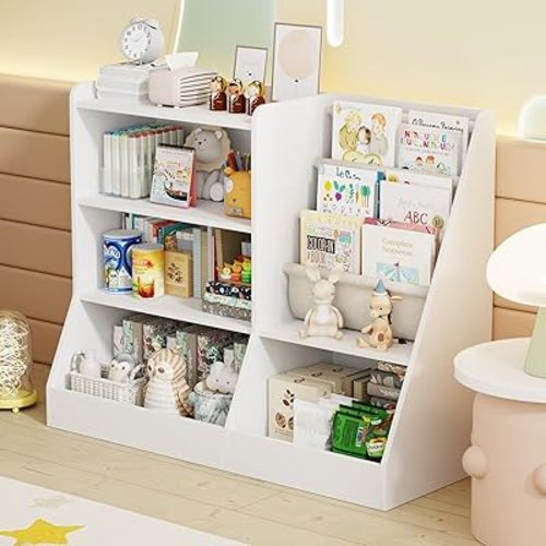 39" Large Wooden Kids Bookshelf and Toy Storage Organizer, Baby Bookcase with Sling Book Rack, Children Toddler Wooden Book Shelf for Kids Rooms, Playroom, Classroom, Nursery, School (White)