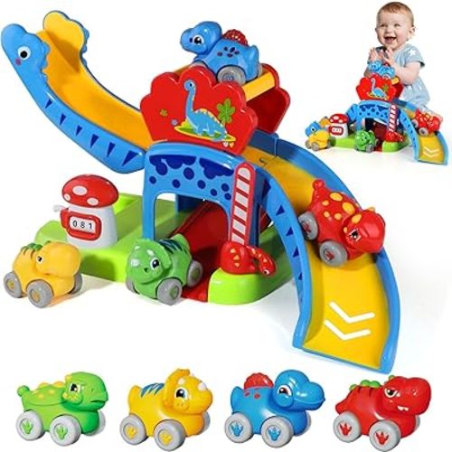 Baby Toys for 1 Year Old Boys & Girls Gift – Dino Slide Set with 4 Color & Number Push Cars – Dinosaur Toy for Toddlers, Montessori Learning Toys for 12-18 Months – 1st Birthday Gifts for Kids