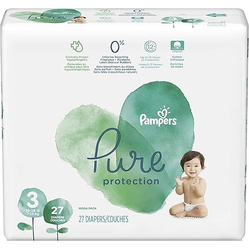 Diapers Size 3, 27 Count - Pampers Pure Protection Disposable Baby Diapers, Hypoallergenic and Unscented Protection, Mega Pack (Old Version)