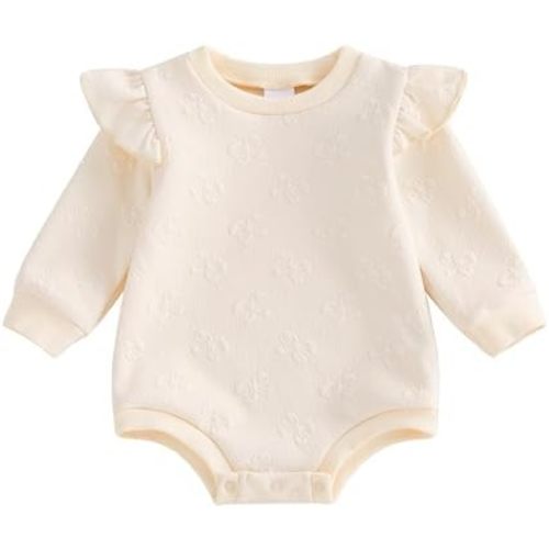 Lamuusaa Newborn Baby Girl Clothes Long Sleeve Bow Print Romper Ruffle Bubble Bodysuit Crewneck Sweatshirt Fall Outfit