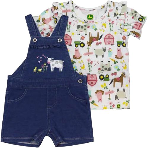 John Deere 2 Piece Overall Short Set White Farm Print T-Shirt Embroidered Cow Chicken Design Sizes 3/6, 6/9/, 9/12 Months