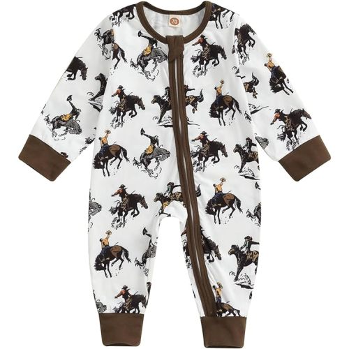 Western Baby Boy Clothes Fall Zipped Cowboy Romper Outfit Infant Cow Print One-piece Jumpsuit Overall Country Stuff