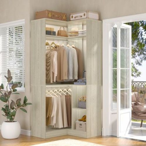 Aheaplus Freestanding Corner Closet Organizer, Closet System with Hanging Rods and Storage Shelves - Washed Oak