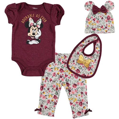 Disney Minnie Mouse Baby Girls Bodysuit Pants Bib and Hat 4 Piece Outfit Set Newborn to Infant - Purple