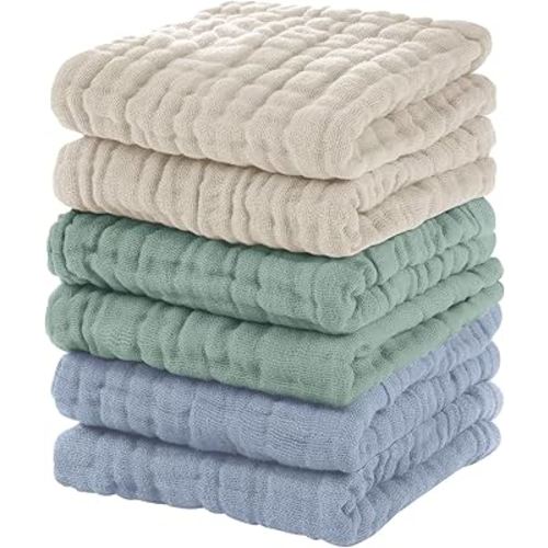 Unnivoll Muslin Burp Cloths Baby 12''X12'',Baby Washcloths 6 Pack, 100% Cotton Baby Wash Cloths Absorbent And Soft For Newborn Infants Kids Boys Girls Apricot Green Sapphire Blue