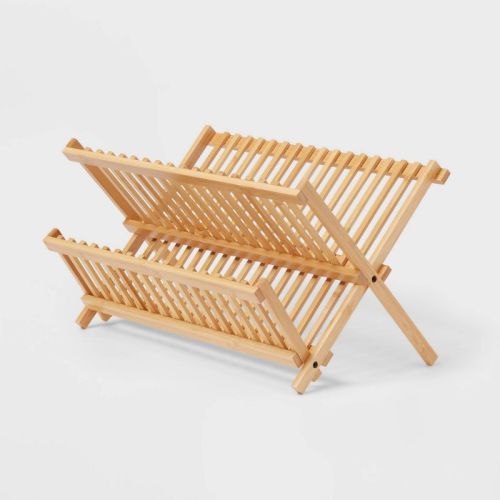Bamboo Drying Rack Brown - Brightroom™: Freestanding Varnished Dish Drying Rack, Folds For Storage, 17.76" Depth