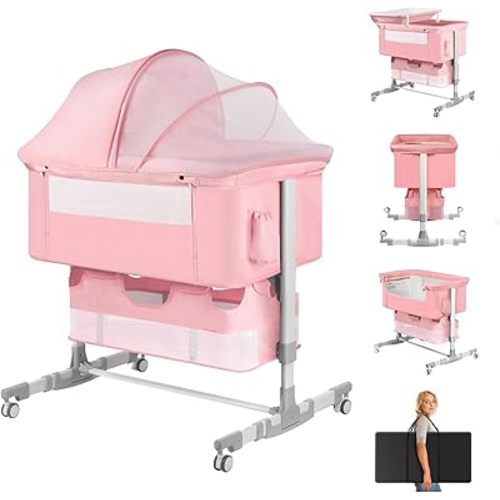 Baby Bassinet Bedside Sleeper with Diaper Changing Station + Mosquito Net + 16gallon Capacity Storage, Adjustable & Portable Bassinet Cosleeping Baby Bed (Pink)