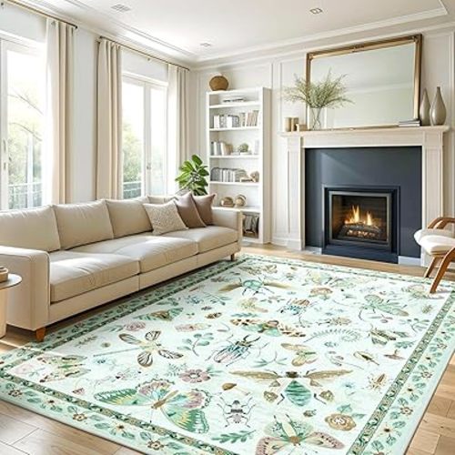 Insect Print Washable Bug Rug for Living Room 9x12 Large Area Rugs Non-Slip Stain Resistant Bedroom Carpet Soft Low Pile Butterfly Carpet for Dining Room Office Kids Playroom, Light Green