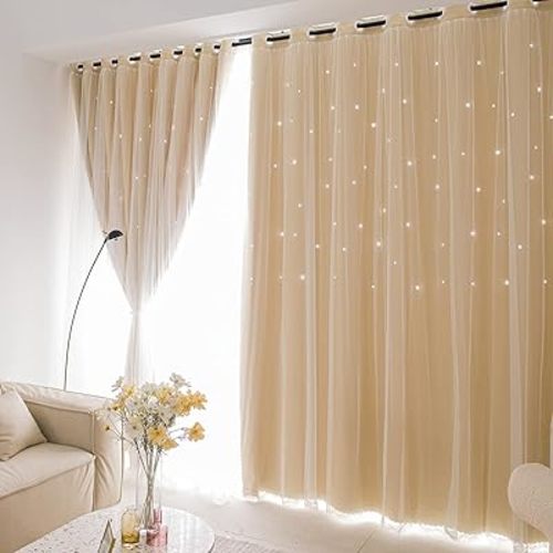 UNISTAR 2 Panels Stars Blackout and Sheer Curtains for Bedroom Girls Kids Baby Room, Double Layer Star Cut Out Living Room Window Curtain, W52 x L63 Inch Length, Beige