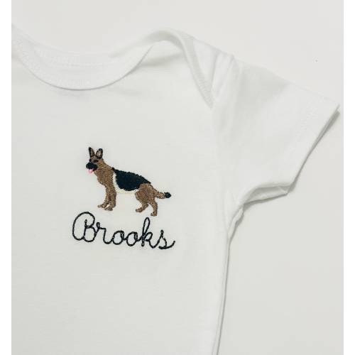 Personalized Embroidered German Shepherd baby bodysuit, German Shepherd ONESIES® brand baby bodysuits, personalized dog bodysuit for baby