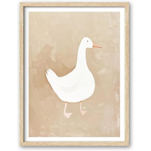 iHery Natural OAK Wood Cute White Goose Framed Wall Art, 12x16in Farmhouse Canvas Print, Cottagecore Beige Frame Wall Decor for Children's Room, Living Room Gifts for Goose Lovers Set of 1