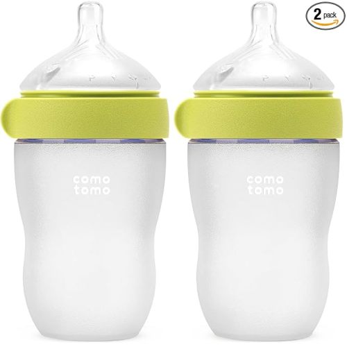 Comotomo Silicone Baby Bottle Gen 2 – 2026 Release (8oz) – Soft, Wide-Neck Bottle for Comfortable Feeding with Dual Anti Colic Vents (Includes Medium Flow Nipples), Green (Pack of 2)