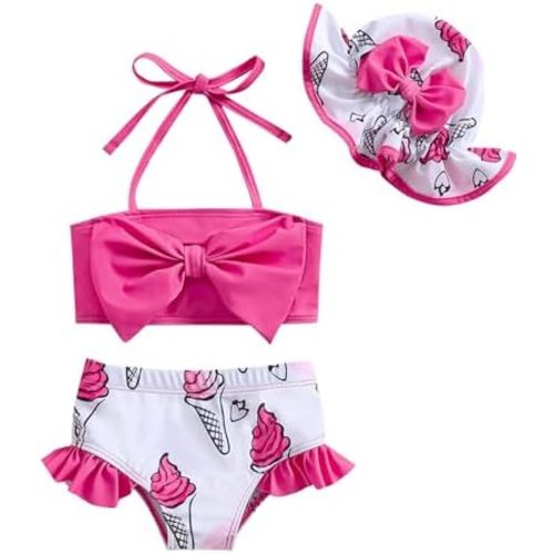 Baby Girl Swimsuit Toddler Girls Bathing Suit Bikini Bottoms Two Piece Swimwear Suit with Hat