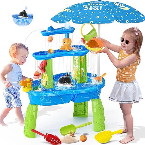 Water Table for Toddlers 3-5, 3-Tier Auto Water-Absorbing Kids Sand Water Table with Water Pump & Umbrella Splash Pond Toy, Activity Sensory Play Table Toys for Outdoor Pool Beach Backyard Summer