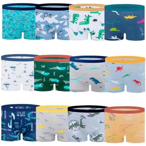 Boys Cotton Boxer Briefs Dinosaur Polar Bear Toddler Kids Underwear 12 Pack, 1-13 Years