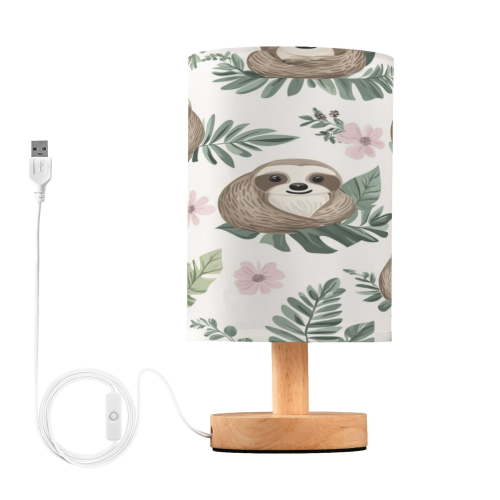 WOBOGO Cute Cartoon Sloth Pattern with Tropical Leaves Bedroom Table Lamp USB Power Connector Wooden Base Round Linen Shade For Living Room Desk