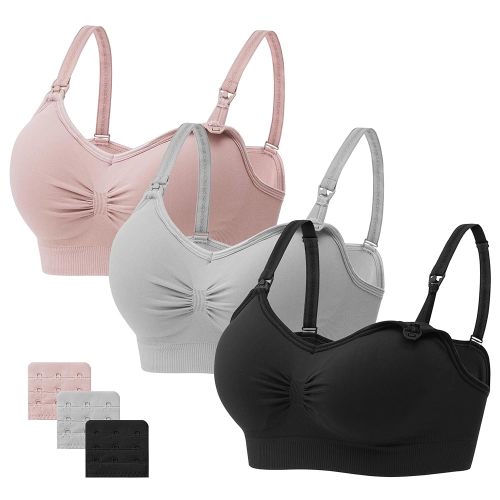 Angelhood Womens Seamless Sleep Nursing Bra,Breastfeeding Maternity Bra with Remove Bra Pads Extenders Pack of 3