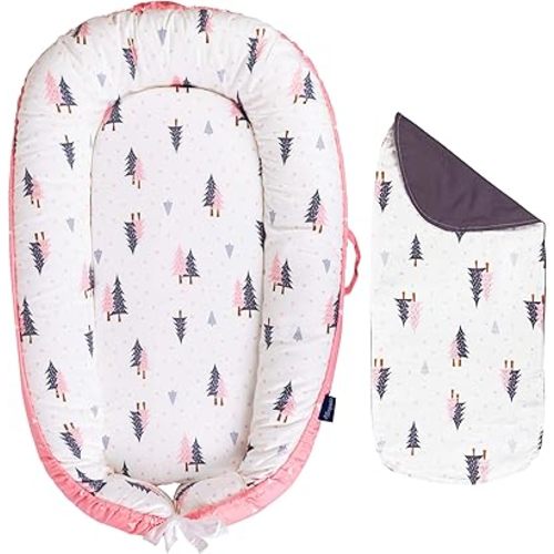 Baby Lounger - Infant & Newborn Lounger with 2-Inch Mattress Pad, Soft Baby Lounger Cover, Waterproof Urine Liner & Waterproof Pad Cover - BL07 Cotton Pink Forest Pines
