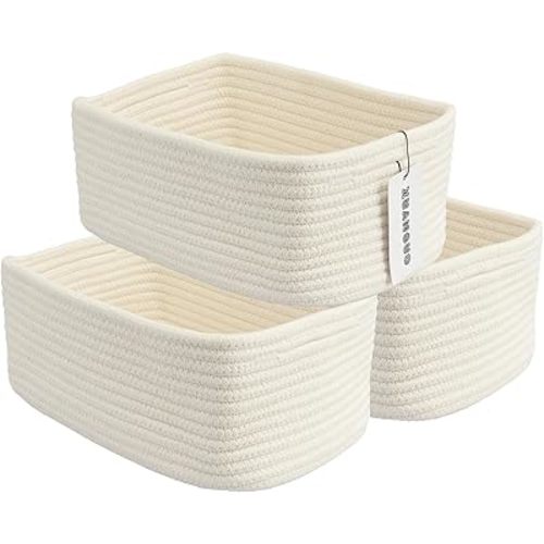 Small Woven Storage Baskets 12“X8”X5“ Decorative Rope Bins for Organizing Shelves, Closets, and Toys, Empty Gift Baskets, Cute Organizer Basket for Home and Office (white, regular)