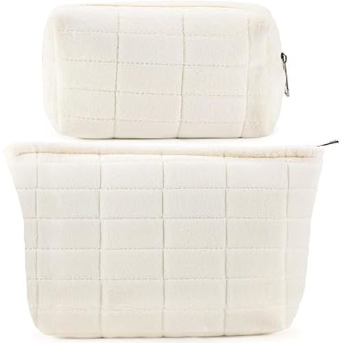 2Pcs Makeup Bag for Women Trendy Large Capacity Cosmetic Bag Plush White Checkered Makeup Pouch for Purse Coquette Zippered Bag Organizer Y2K Aesthetic Accessories Makeup Brushes Storage Bag