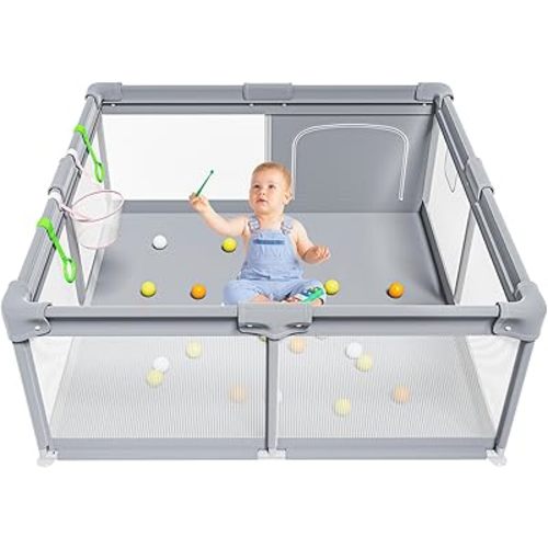 59"×59" Baby Playpen, Baby Play Pen for Babies and Toddlers, Baby Play Yard Baby Fence with Soft Breathable Mesh and Zipper Gate