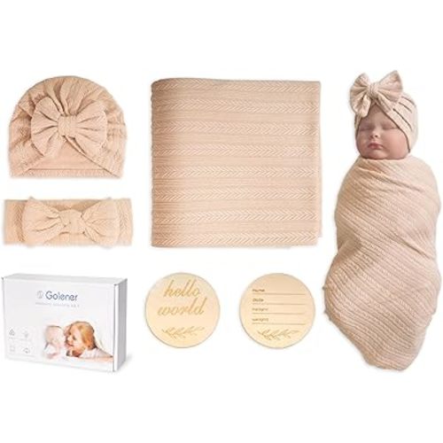 Baby Swaddle Set Newborn - Receiving Headband Blankets and Bow Hat,Newborn Essentials, Soft Nursery Swaddling Blankets，Stretchy Baby Blankets for Girls and Boys Unisex(Light Brown)
