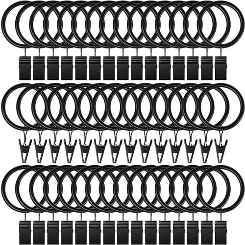 Lansian 44 Pack Curtain Rings with Clips, Black Curtain Hooks Hangers, Rustproof Metal Drapery Rings for Hanging Drapes Bows Tension Rod, 1" Interior Diameter, Fits up to 5/8 in Curtain Rod