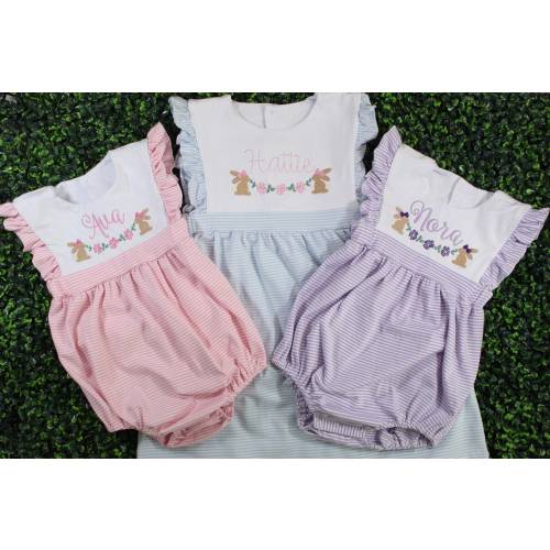Easter Baby and Toddler Girl Monogram Romper Bubble and Dress|Bunny, flowers, cute spring outfit Striped, Blue, Pink, Purple Soft Cotton