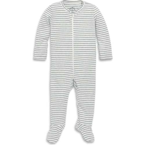 Baby Organic Zip Footie In Stripe, Heather Gray Ivory Mini Stripe - Primary | Maisonette