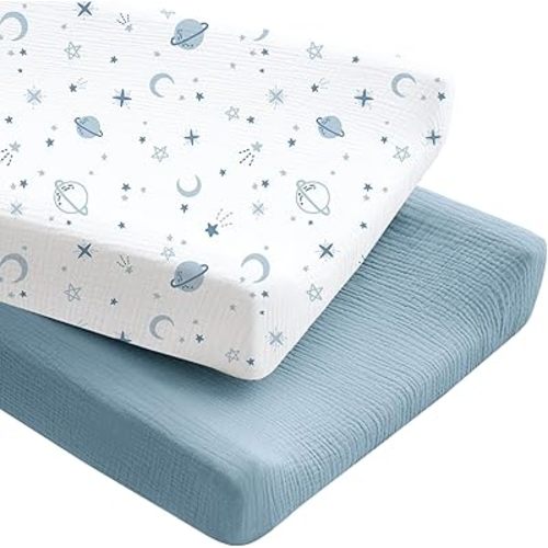 Konssy 2 Pack Muslin Changing Pad Covers for Boys, Ultra Soft & Breathable Cotton Baby Diaper Changing Table Covers, Neutral Nursery Diaper Changing Pad Sheets (Star,Blue)