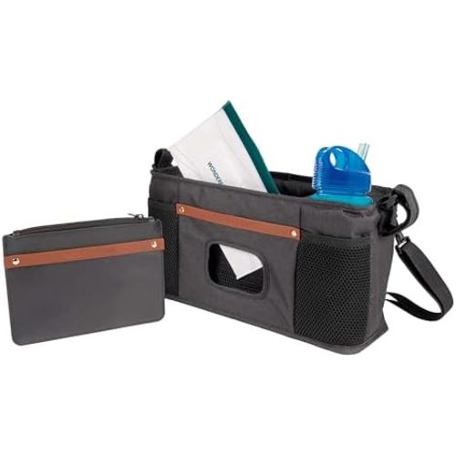 WONDERFOLD Universal Parent Console Stroller Organizer with Insulated Cup Holders, Hook & Loop Closure Handle Attachment, 2 Storage Pockets, Removable Shoulder Strap for Easy Transport