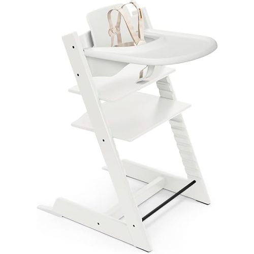 Stokke Tripp Trapp High Chair White with White Tray Signature Edition Includes Chair + Tray + Baby Set with Removable Harness for Children 6-36 Months - Adjustable, Ergonomic & Easy to Clean