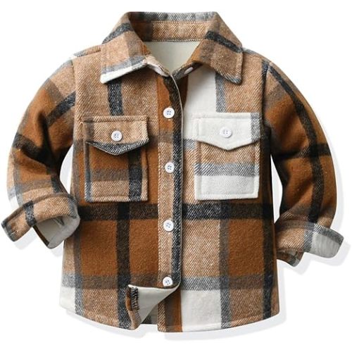 Sobrisah Toddler Boys Kids Flannel Fleece Jackets Button Down Plaid Shirts Long Sleeve Laple Shacket Tops Outwear - 12 Months - Coffee Fleece