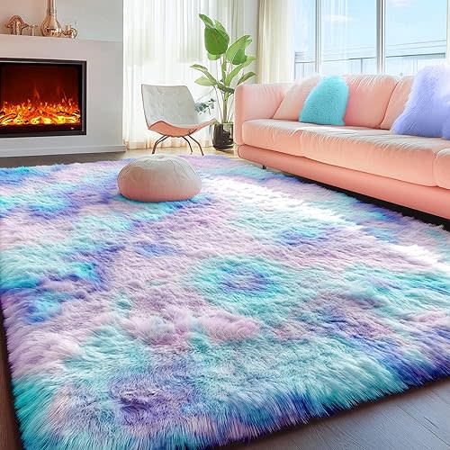 PAGISOFE Soft Purple Rainbow Rugs for Living Room, Fluffy 5x7 Area Rug, PlushCute Kawaii Rug for Bedroom Kids Room Baby Nursery, Girls Room Decor Mermaid Rugs Fuzzy Fur Pastel Carpet, Cozy Cloud Rug