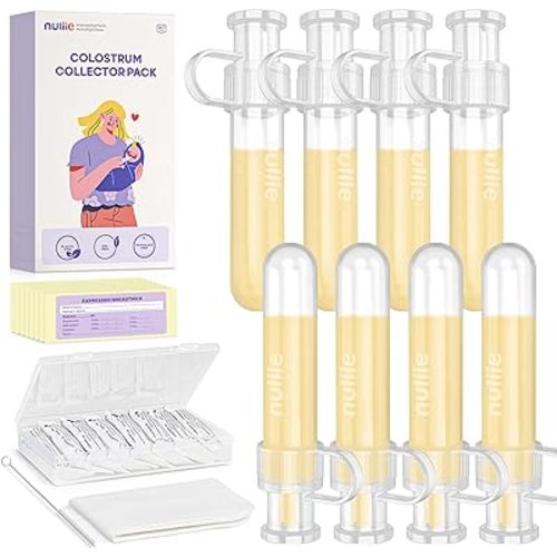 Nuliie Colostrum Collector Kit 7ml/8pcs, Leakproof, Reusable Breast Milk Collector, Heat & Freezer Resistant, BPA-Free, With Cotton Cloth Wipe, Storage Case, Cleaning Brush - Ready-to-Use for Newborns