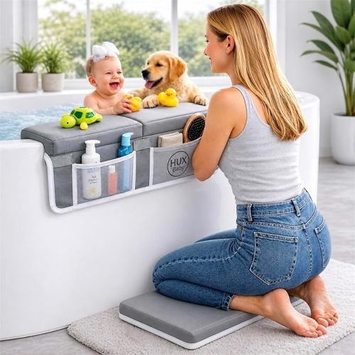 Comfortable Baby Bath Kneeler and Elbow Rest Pad Set, Non-Slip Bathtub Kneeling Pad for Bathing Baby, Bath Tub Cushion Mat, Elbow Pads, Toy Organizer Storage Pockets, Strong Suction Cups (Light Gray)