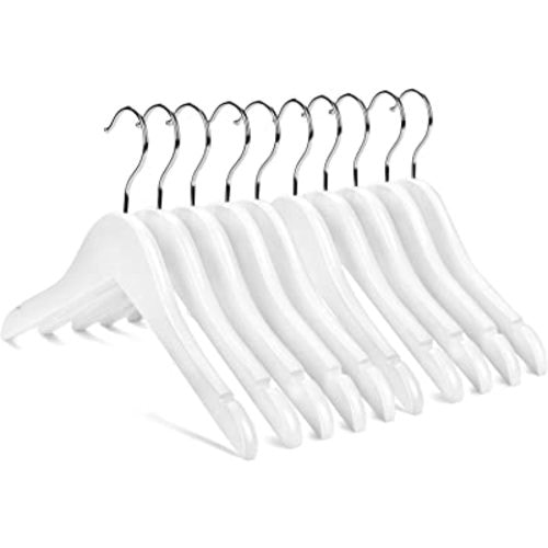 Nature Smile Kids Baby Children Toddler Wooden Shirt Coat Hangers with Notches and Anti-Rust Chrome Hook Pack of 10 (White)